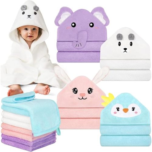 CandyHome 12 PCS Baby Bath Towels Set for Infants Toddlers, 4 PCS Animal Hooded Baby Towels & 8 PCS Washcloths Set, Ultra Absorbent Soft Cute Newborn Bath Essentials Must Haves Gifts for Boys & Girls
