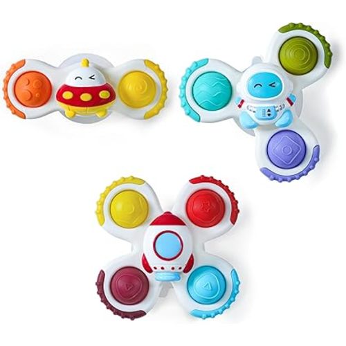 LiKee Strong Suction Cup Fidget Rotating Sensory Bath Toys for Baby Christmas Stocking Stuffers, Airplane Car Travel Table & Window Toys for Toddler Boys and Girls, 10+ Months