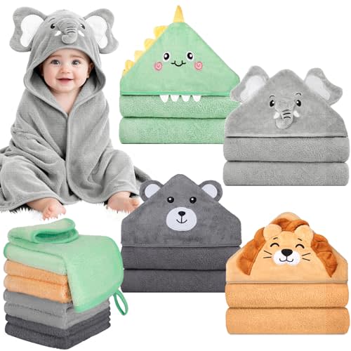 CandyHome 12 PCS Baby Bath Towels Set for Infants Toddlers, 4 PCS Animal Hooded Baby Towels & 8 PCS Washcloths Set, Ultra Absorbent Cute Soft Newborn Essentials Gift for Boys & Girls
