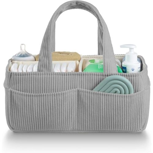 PUTSKA Baby Diaper Caddy Organizer for Changing Table – Stylish Nursery Storage Basket, Newborn Essentials, Baby Shower Gifts and Registry Must-Haves for Boy or Girl, Car Diaper Caddy, Corduroy Grey