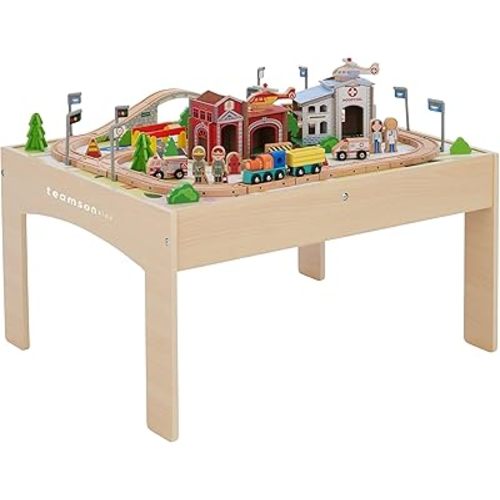 Teamson Kids Train Table Set with 85 Pieces, Preschool Play Lab Activity Table with Wooden Trains, Cars, Railroad, Town Scenery, & More for Kids & Toddlers, Wood Color