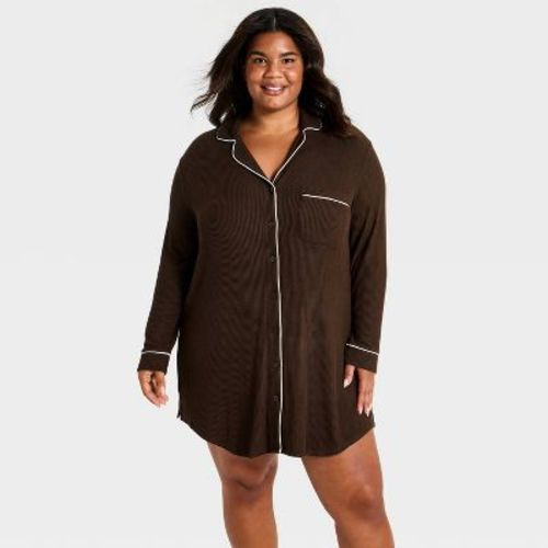 Women's Cozy Ribbed Notch Collar Pajama Gown - Auden™ Brown L