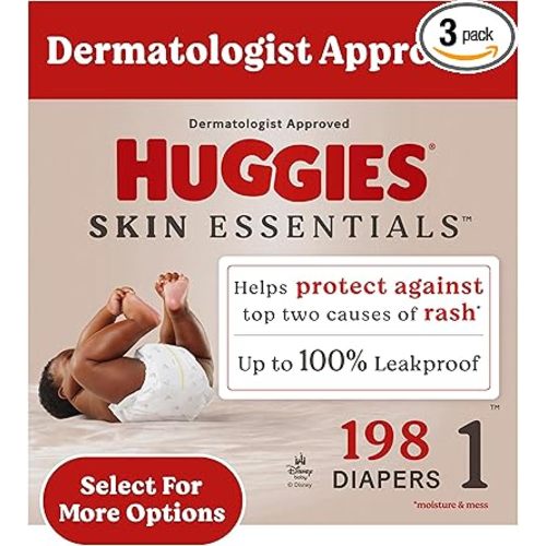 Huggies Size 1 Diapers, Skin Essentials Baby Diapers, Size 1 (8-14 lbs), 198 Count (3 Packs of 66)