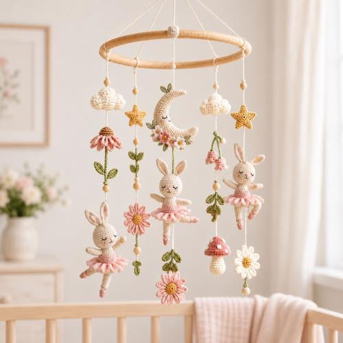 Ballerina Bunny Baby Mobile, Crochet Rabbit Crib Mobile, Floral Moon Star Nursery Decor, Pink Girl Nursery, Baby Shower Gift