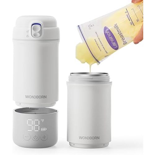 WONDBORN Portable Bottle Warmer for Travel, Dishwasher Safe, 3X Faster & Even Heating, 8 Feeds per Charge, 17oz, 1℉ Precise Adjust, Thaw, Keep Warm, Use While Charging, for Breastmilk & Formula