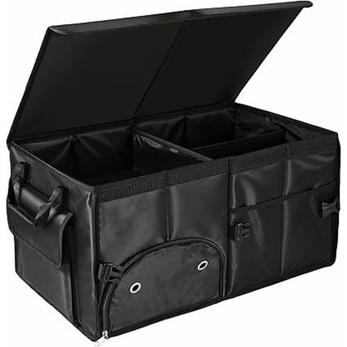 Car Trunk Organizer with Lid Car Storage Organizer Collapsible Multi Compartment Car Organizerwith shoe bag for SUV(Black)