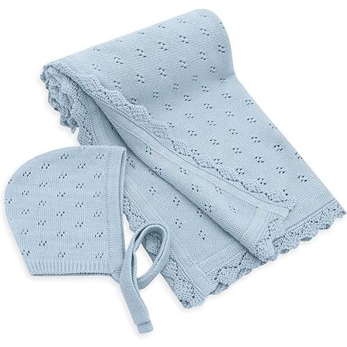 LifeTree Knit Baby Blanket & Hat, 100% Cotton Soft Swaddle & Receiving Blanket for Toddler, Lightweight & Breathable Newborn Blanket Unisex for Crib, Stroller, 31X40 Inches, Shower Registry Gift, Blue
