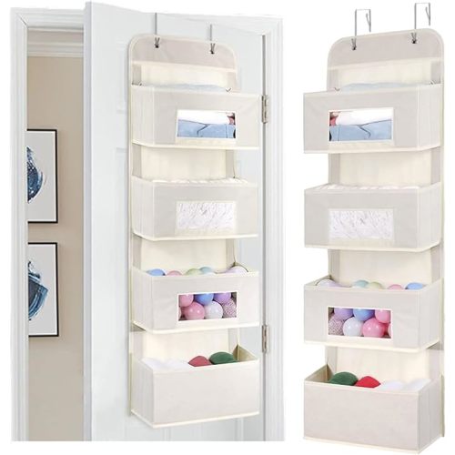 MAX Houser 4-Shelf Over The Door Hanging Organizer with 2 Metal Hooks, 4 Pocket Swing-Proof Behind Door Organizers with Clear Windows for Nursery Bathroom Closet,Dorm,Baby Diapers, Kids Toys (Beige)