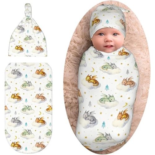 Cute Dragon Print Swaddle Blanket with Beanie Set, Cloud Moon Star Dragons Egg Newborn Swaddle Sack for Girls Boys Shower Infant Gifts