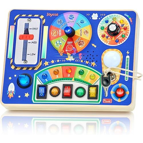 JoyCat Busy Board with Led Light, Toddler Toys for 1 2 3 4 Year Old Boys and Girls, Wooden Sensory Toys with Music, Travel Toy for Toddlers 1-3, Birthday Presents (Blue)