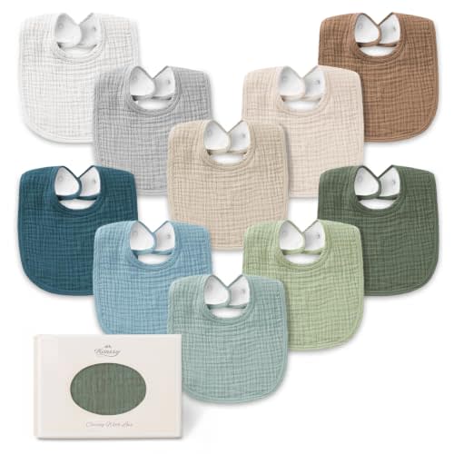 Konssy 10-Pack Muslin Baby Bibs for Drooling and Teething | Soft & Absorbent, Cotton Front with Fleece Backing, Adjustable Fit, Wash Durable, for Boys and Girls Ages 0-36 Months(Green)