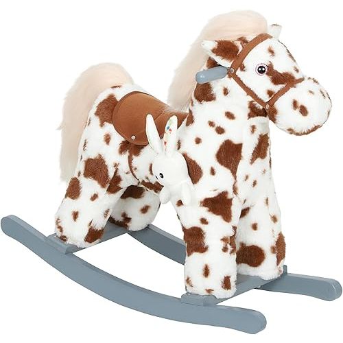 Qaba Rocking Horse, Kids Plush Animal Rocker with Realistic Neighing Sound for Toddlers 2–5 Years Old, Soft Filling Ride on Horse with Rabbit Toy, Brown