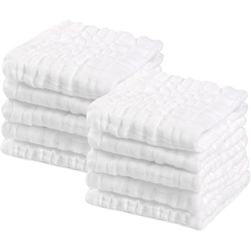PPOGOO Baby Muslin Washcloths Natural Purified Cotton Baby Wipes Soft Newborn Baby Face Towel 10 Pack Multipurpose