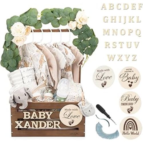 Wooden Baby Shower Crate Closet - Rustic Brown, Personalized Baby Gift Basket with Dual Rod System, Easy Assembly, 16"L x 11.8"W x 8"H