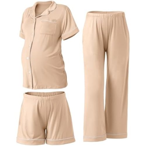 Rnxrbb 3 PCS Women Maternity Pajamas Set Nursing Postpartum Breastfeeding Pjs Sleepwear Lounger Clothes Button Down