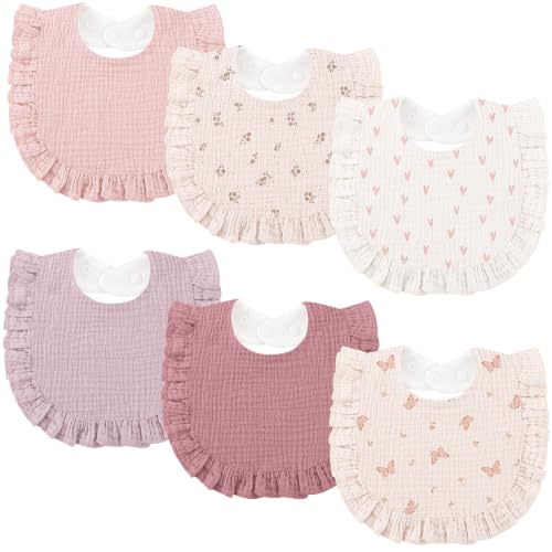 Bearmoss 6 Pack Baby Girl Bibs for Newborn, Muslin Bibs with Ruffle Trim | Soft Absorbent Bandana Bibs for Drooling and Teething, Essentials for Newborns