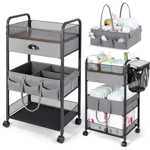 Orzbow Baby Diaper Caddy Cart, 4 Tier Rolling Organizer Cart with Dividers and Drawer, Easy To Assemble, Detachable Infant Nursery Storage with Wheels for Bedroom, Changing Table & Crib, Gray