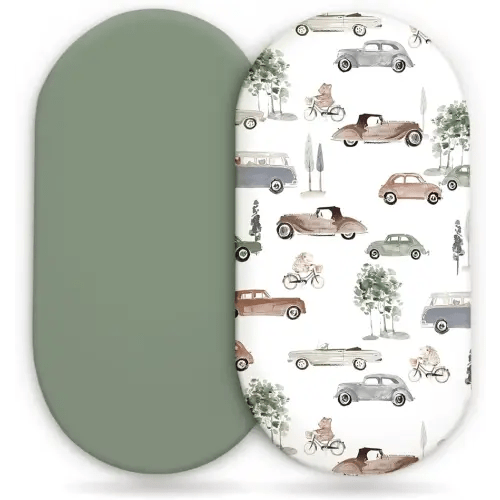 GRSSDER Stretchy Ultra Soft Fitted Bassinet Sheet Set 2 Pack, Universal Fit for Bassinets Baby Cradle Moses Basket Oval Rectangle Mattress Safe and Snug, Stylish Bassinet Sheets of Cars Print for Boys