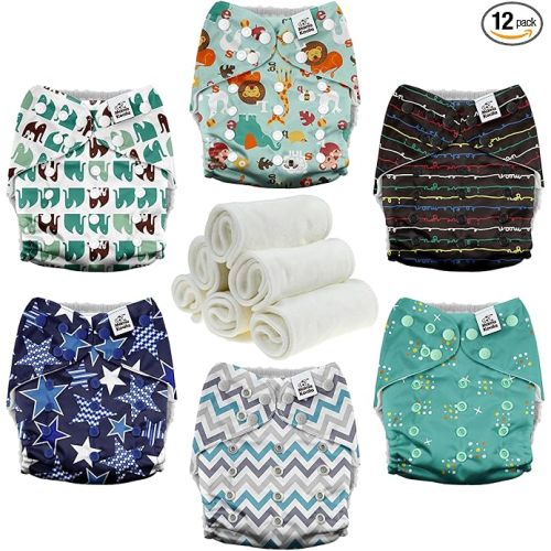 Mama Koala 3.0 Cloth Diapers for Babies with AWJ Lining, 6 Pack with 6 Natural Cloth Diaper Inserts - Reusable and Washable Pocket Diapers (Jagger-R)