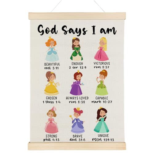 Nrleey God Says I Am Christian Wall Decor with Wooden Poster Hanger - Princess Room Decor for Girls Bedroom, Inspirational Bible Verse Wall Art Posters for Girls Room Nursery, 12x16 Inch