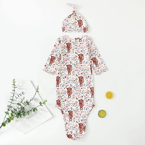 Newborn Baby Boys Girls Cartoon Sleeper Gown Long Sleeve Mountain Nightgown Hat Outfits