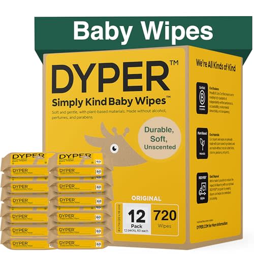 DYPER Baby Wipes Unscented (720 Count) - 99% Water-Based & Hypoallergenic Baby Wipes, Made with Plant-Based Materials, Gentle for Sensitive Skin, Fragrance & Plastic-Free Wet Wipes, 12 Pack