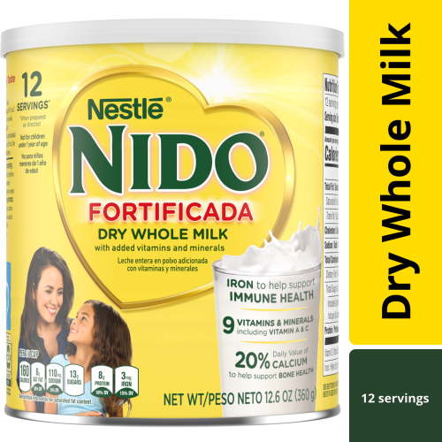 NIDO Fortificada Dry Whole Milk Powder with Vitamins A, C, D, Iron & Calcium, 12.6 oz Canister
