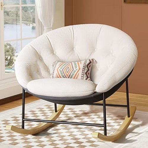 Kidirect Round Saucer Rocking Chair Nursery, Modern Upholstered Nursery Rocking Chairs and nursery Glider with Cozy Cushion, Comfy Nursing Chair for Breastfeeding & Reading, Fits Living Room & Bedroom