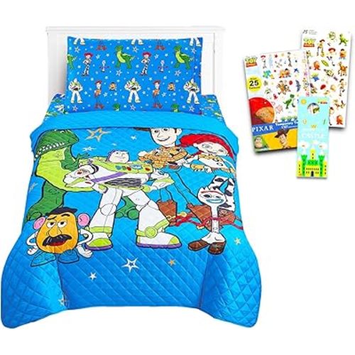 Toy Story Twin Bedding Set - Bundle with Buzz and Woody Bedspread, Flat Sheet, Fitted Sheet, and Pillowcase, Stickers, Tattoos More | Bedroom Decor