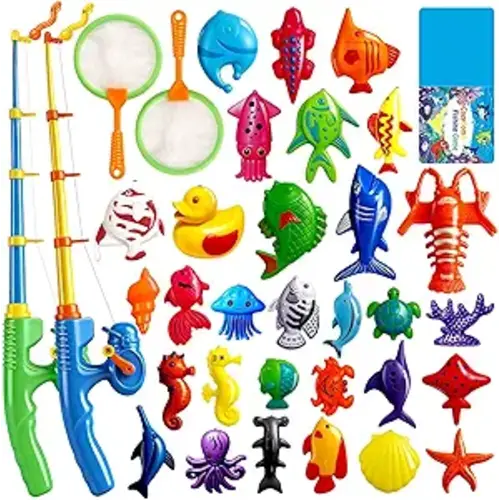 CozyBomB™ Magnetic Fishing Toys Game Set for Kids | Water Table Bathtub Kiddie Pool Party Pole Rod Net, Outdoor Plastic Floating Fish, Toddler Bath Color Ocean Sea Animals Birthday Gift Age 3-5 6 4-8