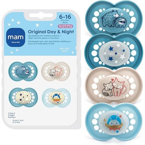 MAM Original Baby Pacifiers 6-16 Months, Binky for Newborn Babies, BPA-Free Skin Soft Silicone Nipple, Glows in The Dark, Developed with Medical Experts, 4 Count, Made in Europe