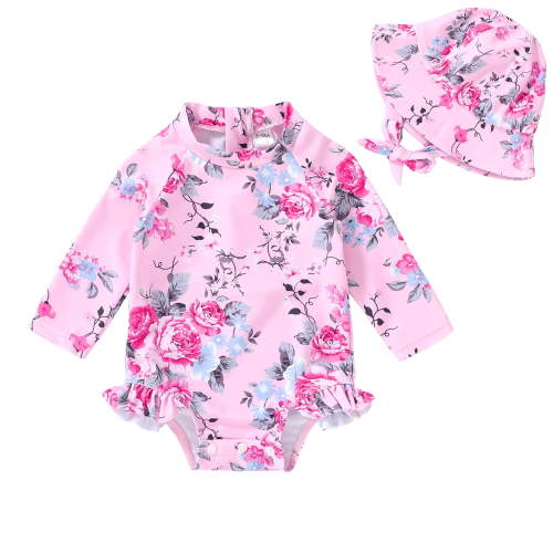 Younger Tree Infant Baby Girl One-Piece Swimsuit Long Sleeve Rash Guard Swimwear Hat Bathing Suit Set for 6-12 Months