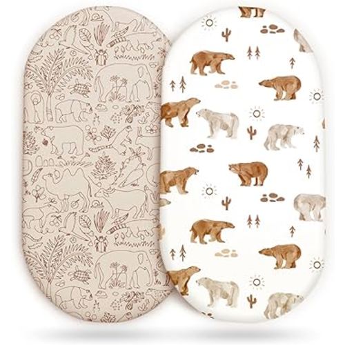 Stretch Ultra Soft Fitted Bassinet Sheet Set 2 Pack, Universal Fit for Bassinets Baby Cradle Moses Basket Oval Rectangle Mattress Safe and Snug, Stylish Bassinet Sheets of Sunny Bear Print