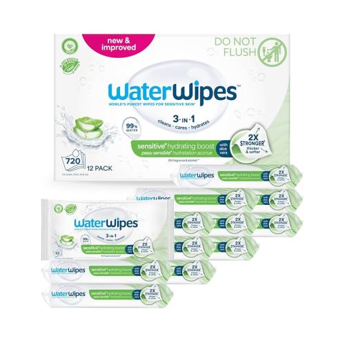 WaterWipes Hydrating Clean Baby Wipes, 99% Water-Based Formula with Aloe Vera to Hydrate & Clean Skin, Unscented & Hypoallergenic, 12 Resealable Packs (720 Wipes)