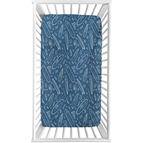 Surfboard Fitted Crib Sheet,Blue Waters Oceanic Elements Waves Swirls Doodle White Outlines Hobby Fun Times Microfiber Silky Soft Toddler Mattress Sheet Fitted,28"x 52"x 8'',Baby Sheet for Boys Girls