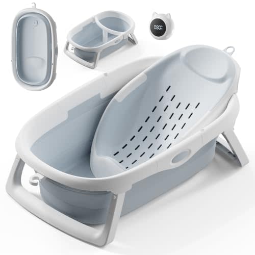 CheerTry 4-in-1 Collapsible Baby Bathtub for Newborn & Toddler 0-24M (Blue) | Infant Baby Tub with Adjustable Bath Sling, T-Shaped Support & Water Thermometer, Baby Bath Tub for Baby Shower