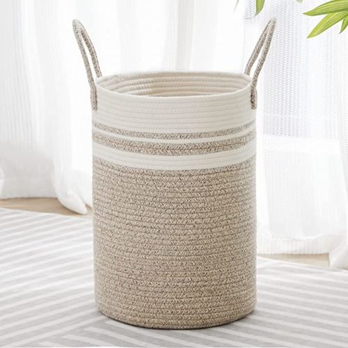 30L Small Woven Laundry Basket Hamper, Brown White
