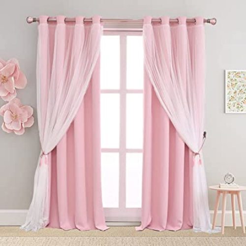 Double Layered Blackout Pink Curtains 2 Panels - Princess Cute and Girly Draperies for Bedroom Living Room Nursery Pink Lace Hem Room Darkening Curtains, 52x84 inches