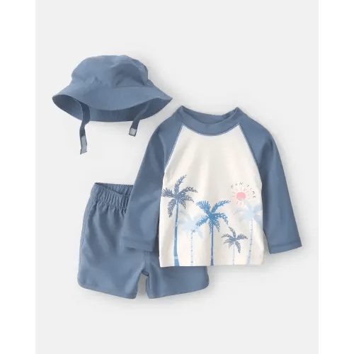 Baby Boy 3-Piece Palm Tree Long-Sleeve Rashguard Swimsuit Set - Blue/White | Carter's