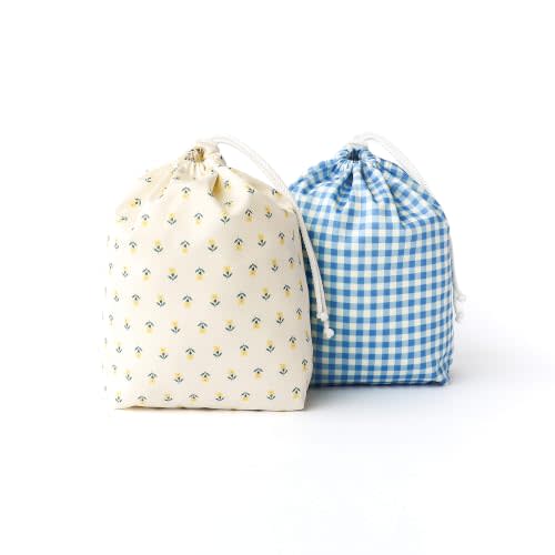 Esembly Ditty Bag Duo, Wet Bags, Buds + Gingham 2-Pack | Reusable Waterproof Drawstring Wet Bags for Cloth Diapers, Swimsuits, Toiletries & Snacks, Includes 2 Bags