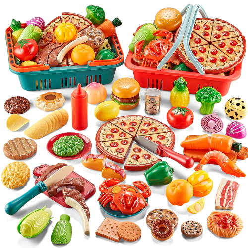 Play Food Sets for Kids Kitchen-80PC Pretend Food with 2 Kids Picnic Basket, Toy Food with Pizza Toy, Plastic Food Cutting Toys, Play Kitchen Accessories - Fake Food, Boys Girls Toddlers Gifts