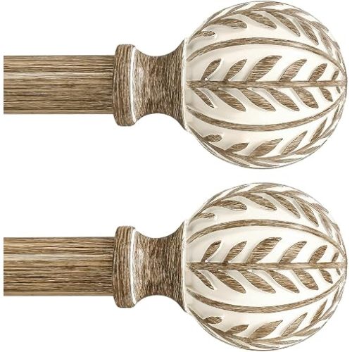 QDWIS 2 Pack Boho Wood Curtain Rods for Windows 48 to 84 inch,1" Adjustable Heavy Duty Window Curtain Rod with Imitation Wood Grain Finials,Rustic Decorative Drapery Rods Set 36-88'',Weathered Wood