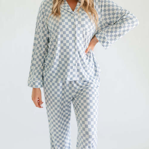 Women's Button Up Set In Cornflower Blue Checkered
