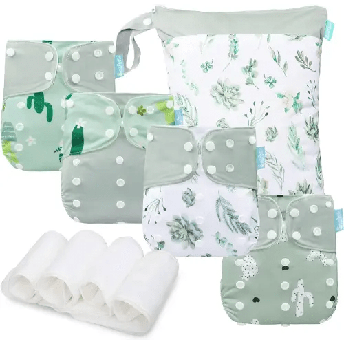Baby Cloth Diapers Set - 4 Pack with 4 Inserts & 1 Wet/Dry Separation Bag, Reusable Infant Toddler Nappy, Adjustable Pocket Diapers for Baby Boys and Girls (6-33 pounds, 0-3 Years)