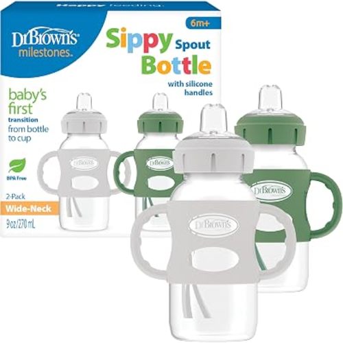 Dr. Brown's Wide-Neck Sippy Spout Bottle with Handles, Green & Gray, 2-Pack