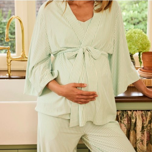LAKE | Women | DreamModal Pajamas | Parisian Green Pencil Stripe Maternity Kimono Bundle