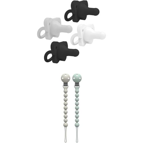 Dr. Brown's HappyPaci 100% Silicone Baby Pacifier, Gray, Black, White, 0-6m, BPA-Free, 4-Pack + Dr. Brown's Silicone Pacifier Clips, Universal Fit Strap, Green/Gray, BPA Free, 0-18 Months, 2-Pack