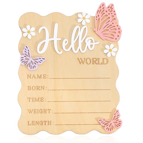 Butterfly Daisy Hello World Board - Little Butterfly Birth Announcement Sign,Wooden Hello World Card for Hospitals,Newborn Birth Information Record Board,Daisy Nursery Decorations Photo Props