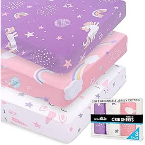 GROW WILD Unicorns & Rainbows Fitted Crib Sheets Girl (3 Pack) - Soft Jersey Cotton Fitted Sheet, Toddler Bed Mattress & Baby Crib Bedding Set for Girls, Baby Girl Nursery Crib - Pink, Purple & White