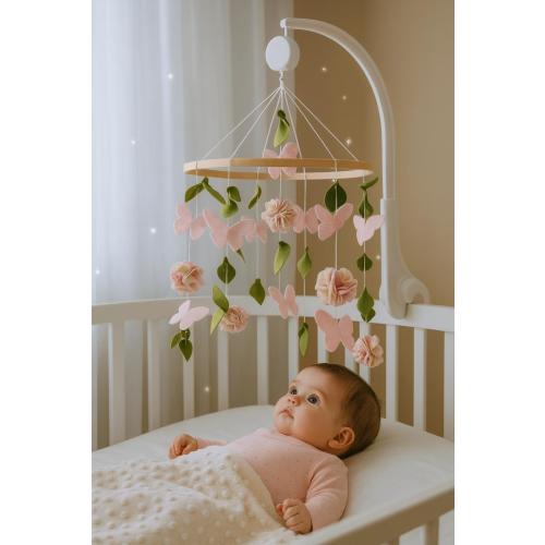 Handmade Musical Baby Mobile: Felt Butterflies & Leaves Nursery Decor